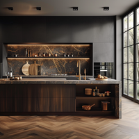 Gabinetes de Cocina de Madera Contrachapada con Chapa de Madera Oscura, Isla con Cascada de Mármol, Fregadero Dorado, Iluminación LED, Almacenamiento, Estilo Industrial de Lujo