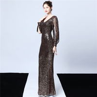 16637 # Neues Kaffee-Gold Langärmliges Paillettenbesetztes Meerjungfrau-Abendkleid Luxuriöse Abendkleider aus Dubai Arabisch