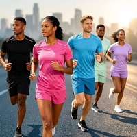 Kaos Lari Pria Musim Panas Kasual Lengan Pendek Cepat Kering Menyerap Keringat 100% Poliester Pakaian Olahraga Marathon Set Latihan Kebugaran