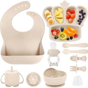 Set de Alimentación de Silicona para Bebés de 10 Piezas, Productos para el Destete, Plato con Ventosa, Babero, Alimentador de Frutas, Cuchara para Bebé, Tenedor, Vaso con Boquilla de Pato - Product Image 1