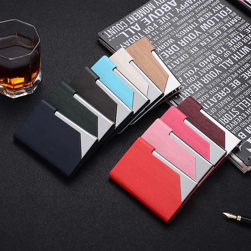 Wooden Grain Business Card Holder, PU Leather & Stainless Steel Multi Card Case for Men & Women, Credit Card Wallet with Magnet