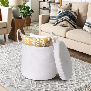 Large 15\" X 13\" Modern White <strong>Wicker</strong> <strong>Storage</strong> <strong>Basket</strong> Cotton Rope Lid Kids Decorative Toy Bin Box Cover for Baby <strong>Storage</strong> Fabric - Product Image 3