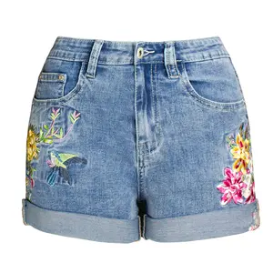 High-Quality Wide Leg Stretch Shorts Large Size Women's Embroidered Floral Jean Women's Shorts