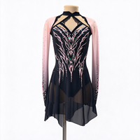 Robe de patinage et de danse pour enfants et adultes, noire et rose, à col licou, découpes, manches longues en maille, dos orné de strass, pour compétition et spectacle de patinage artistique