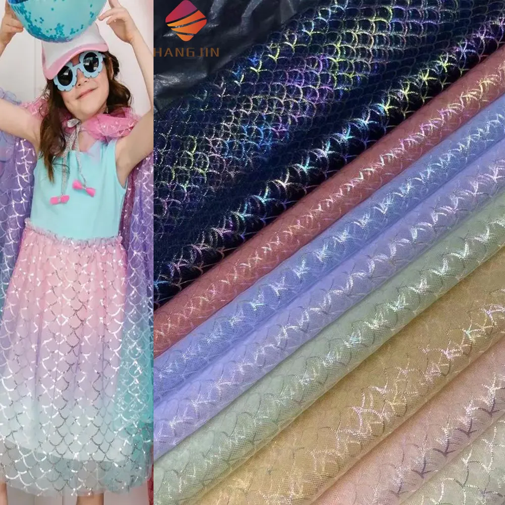 स्पार्कलिंग मत्स्यांगना पूंछ भ्रम ओम्ब्री के साथ मुद्रित मछली पैमाने के जाल कपड़े के साथ टीटू ड्रेस बच्चों स्कर्ट