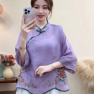 Traditional Chinese Embroidered Mid Sleeve Top Purple Women's Tea Dress Style - Product Image 4