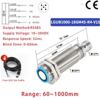 Capteur de proximité ultrasonique M18 60-1000mm 2 canaux NPN PNP 0-10v 4-20mA RS485 Modèle LGUB1000-18GM45-IU-V15 70.5mm CADEAU GRATUIT 2M