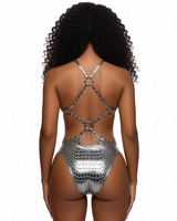 Kostum Karnaval Monokini High Leg 2027 Shiny Metallic O Ring Linked Cutout Push Hollow,  Custom Wholesale Jouvert Outfit Motif Ular