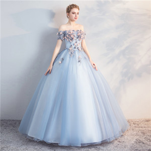 Off The Shoulder Tulle Evening Gown Long Skirt Stage Performance Dress Women Blue Gray Solid Color Polyester Fiber - Product Image 2