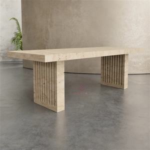 Table à manger <span class=keywords><strong>de</strong></span> luxe en <span class=keywords><strong>travertin</strong></span> beige haut <span class=keywords><strong>de</strong></span> gamme Design artisanal en pierre texturée organique pour les espaces modernes rustiques - Product Image 1