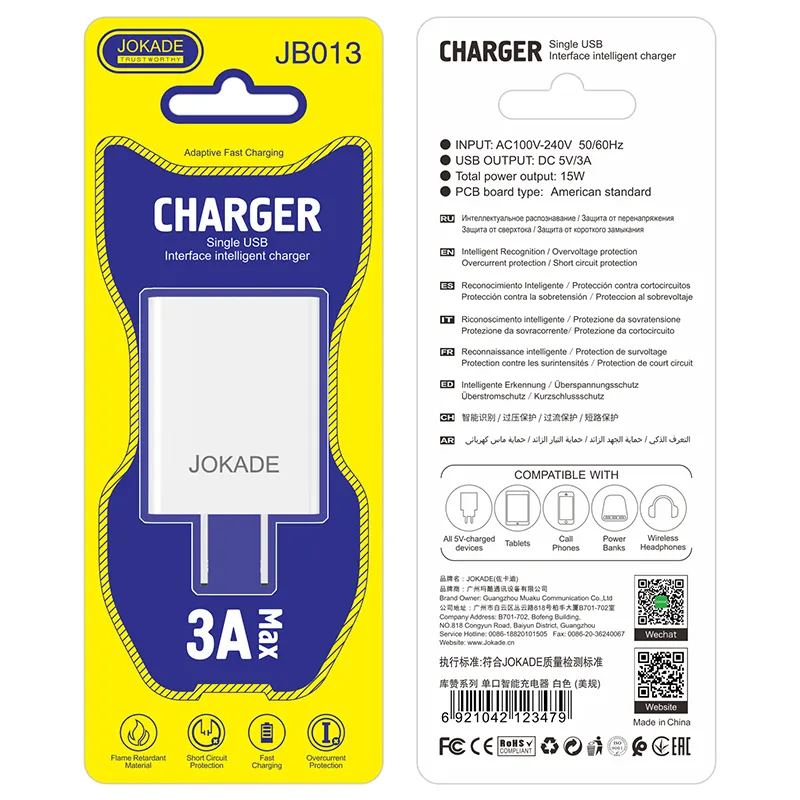 JOKADE – chargeur de voyage sans fil 3A, chargeur mural USB QC, chargeur rapide universel pour téléphone portable