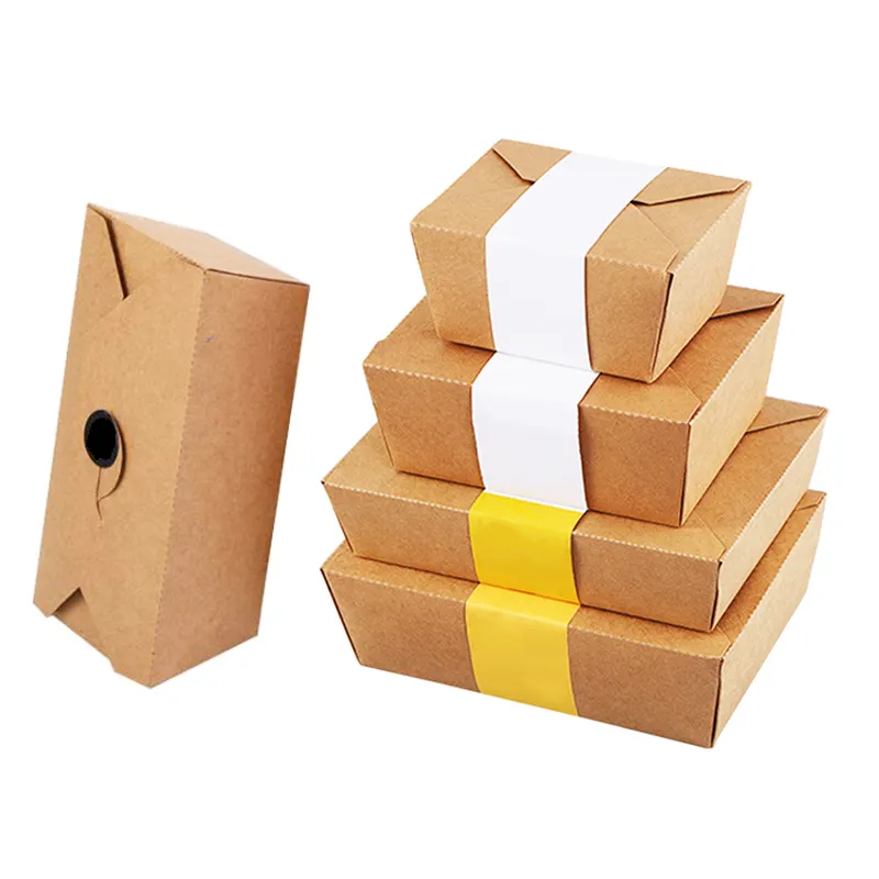 Disposable kraft paper rectangular fast food lunch takeaway packaging box with oil and leak proof PE inner coating