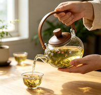 Théière en verre borosilicate haut de gamme Wuso, design classique, forme sphérique, poignée de levage en bois, couvercle en bois, résistante à la chaleur