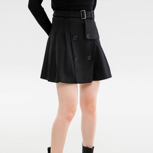 Minifalda plisada negra de cintura alta para mujer, <span class=keywords><strong>con</strong></span> doble botonadura, cinturón, bolsillo asimétrico, estilo casual, corte en A - Product Image 4