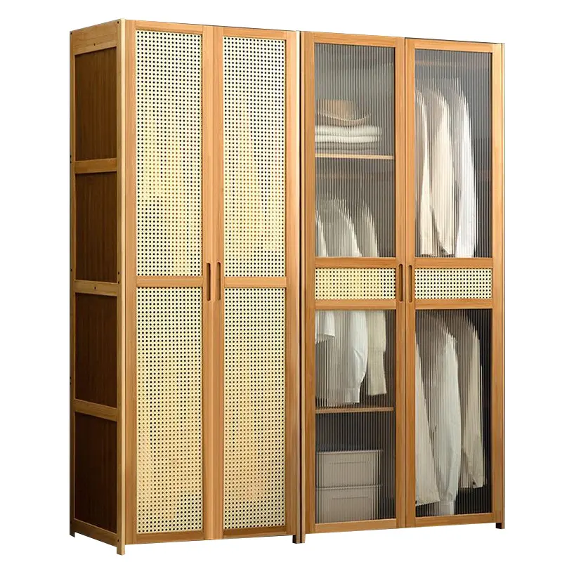 2023 Popular Bedroom Furniture Combined Wardrobe Wooden Rattan Door Closet Organizer Wardrobe With Clothing Rod