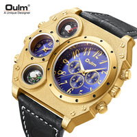 Montre pour homme Oulm, bracelet en cuir vintage, montre ovale à grand cadran avec plusieurs fuseaux horaires, boussole, montre à quartz pour homme