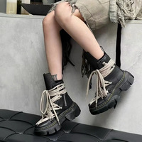 Bottes à plateforme pour femmes en cuir noir à lacets, à semelle épaisse et montantes, style mode