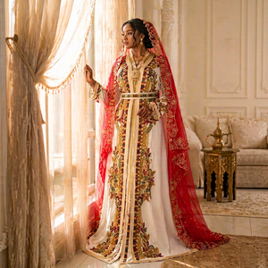 Elegant Embroidered Polyester Modest <b>Abaya</b> <b>Dress</b> Red Veil Floor Length Floral Pattern Wedding Women Middle East Long Flared - Product Image 1