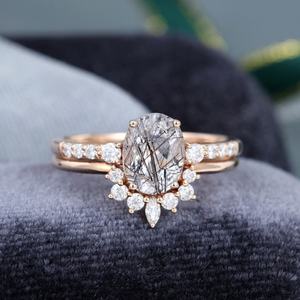 Ensemble de bagues de fiançailles vintage en or rose décoratif demi-éternité incurvée 2 pièces Quartz noir rutilé pour femmes pour mariage - Product Image 3