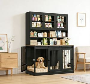 Meuble-cage pour chien de grande taille avec niche, 4 portes métalliques, et supports de gamelles pivotants – Station d'alimentation pour chien - Product Image 1