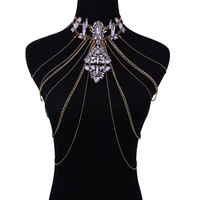 Harnais de corps de luxe scintillant en strass, chaîne de poitrine, chaîne de taille sexy pour bikini, collier de ventre, bijoux pour femme