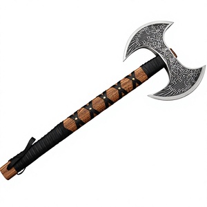 Hacha Vikinga de Doble Hoja, Tomahawk Táctico de Supervivencia, Mango de Madera, Cabeza Tallada con Revestimiento de Cuero - Product Image 1