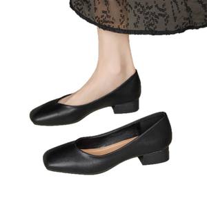 Escarpins en cuir véritable nude à talon carré, ornés de cristaux, talon bas, souples et confortables pour le quotidien, chaussures pour femmes - Product Image 5