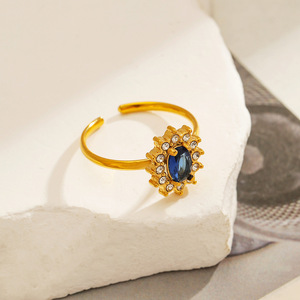 Open <b>Ring</b> Flower Shape Blue Zircon 18k Gold Plated <b>Titanium</b> Steel Women's Party Jewelry - Product Image 3