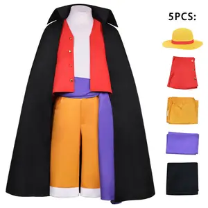 Anime Monkey D.Luffy Cosplay Wano Country Costume Trench Coat and Sorts Hat Kimono Suits Halloween Party Cartoon Uniform Suit
