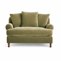 Fauteuil surdimensionné en velours vert olive avec accoudoirs roulés et pieds en bois pour salon