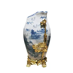 Florero de porcelana azul y blanco Vintage, decoración de latón, ornamento para el hogar, accesorios