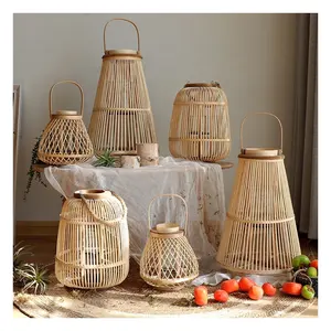 Lanterna de vela de bambu, venda quente de tecnologia de decoração para casa, estilo pintado à mão, retrô, rural, tempestade, lanterna