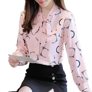 New arrive OEM ladies blouse chiffon bowknot long sleeve tops print fashion women shirts