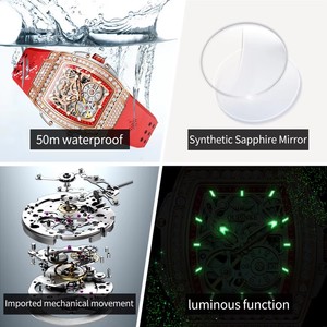 Montre automatique pour femme OUPINKE, squelette mécanique, bracelet rouge, mode, diamants, cristal, pour soirée et banquet - Product Image 6