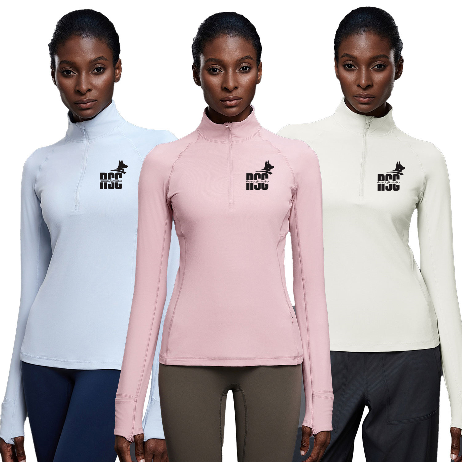 Custom Women Half-zip Stand Collar Gym Fitness Top Long Sleeves Slim Fit Pilates Yoga Tops with Thumbhole