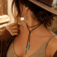 1 ensemble de collier bohème en fausse turquoise et boucles d'oreilles vintage en forme de larme avec cordon en velours coréen pour femmes