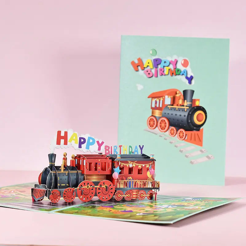 Ulang tahun Kereta 3D Pop Up Kartu Ucapan, selamat ulang tahun kartu ucapan kartu pos untuk ibu istri saudara laki-laki perempuan dan teman-teman