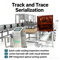 Machine d'inspection et de lecture de codes de lot haute précision, détecteur synchrone pour la collecte des codes QR des bouchons de bouteilles et la génération d'étiquettes de carton