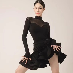 Novedoso y Popular <span class=keywords><strong>Traje</strong></span> de Baile Latino Negro con Falda y Mangas Largas <span class=keywords><strong>para</strong></span> Niñas, Transpirable <span class=keywords><strong>para</strong></span> Salón, Rumba, <span class=keywords><strong>Tango</strong></span> y Salsa, Disponible en Stock - Product Image 1