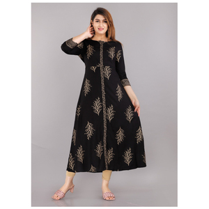 Compre Kurti Negro de Rayón con Estampado Dorado, Cuello Redondo, Manga Tres Cuartos, Estilo Étnico Informal para Mujer - Product Image 1