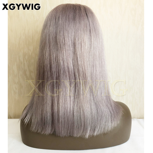 Stock 100% vierge Brésilienne cheveux réaliste délié naturel 12 pouces BOB <span class=keywords><strong>coupe</strong></span> Argent Couleur Droite sans colle dentelle avant perruque grise - Product Image 6