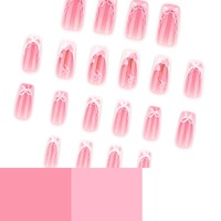 Uñas Postizas Rosas con Diseño de Lazo y Corazón, Punta Francesa 3D, Acabado Brillante, Forma Ataúd, para Bodas, Fiestas, Salón de Manicura 4332
