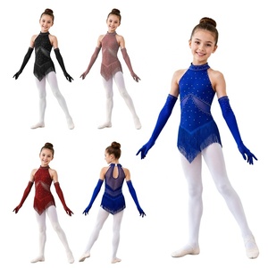 Maillot de patinaje artístico para niñas con flecos, cuello halter, cuello con pedrería, espalda con abertura, mangas sin dedos, disfraz de malla para competición, personalizado - Product Image 1