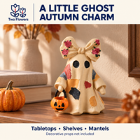 Figurine acrylique fantôme patchwork d'Halloween avec seau citrouille, nœud floral, non lumineuse, à piles bouton, décoration de table pour la maison