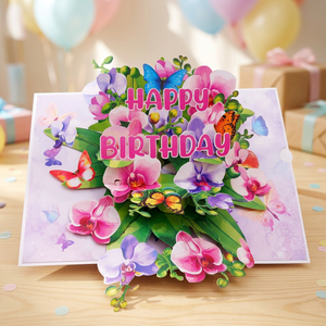 Carte de vœux 3D pop-up orchidée Viet-craft Joyeux Anniversaire avec papillons et fleurs, écologique et personnalisable pour les fêtes - Product Image 1