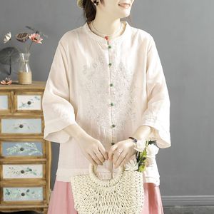 Traditional Chinese Style Embroidered Shirt Top With Stand Up Collar For Women Pink Apricot White Yellow Navy Blue JK331 - Product Image 1