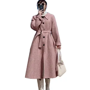 Herringbone pink winter long woolen outwear high quality women's trench wool coat with belt