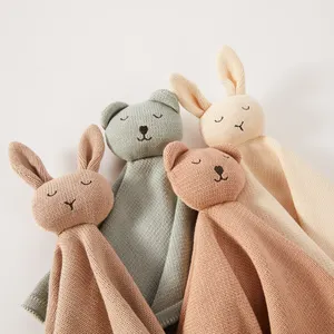 Super soft 100% organic knitted bunny baby security plush blanket toy with animal for newborn baby sleeping