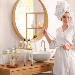 Organisateur de salle de bain, étagère d'angle de comptoir à 2 niveaux, organisateur de salle de bain en bambou, étagère à épices, organisateur de comptoir de <span class=keywords><strong>cuisine</strong></span> - Product Image 5