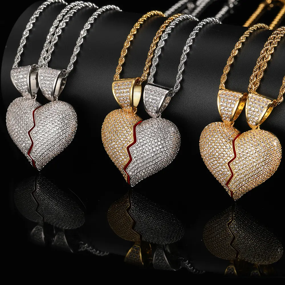 Collana di gioielli di moda cuore personalizzato Hip Hop in rame Micro pavé zircone magnetico cuore spezzato coppia collana pendente
